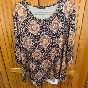 Navy and Cream Patterned Long Sleeve Top